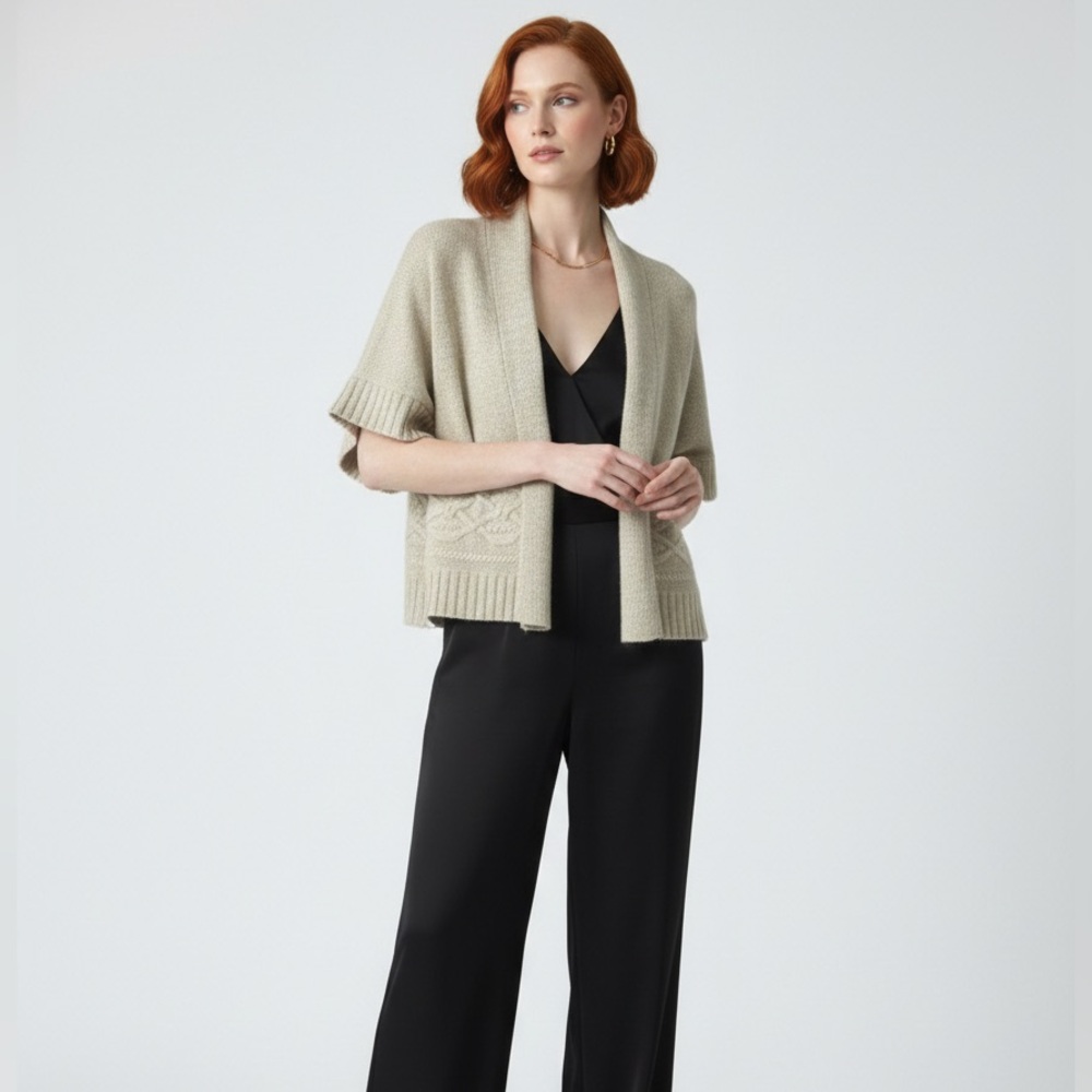 Fenn Wright Manson XL angora blend short sleeve Aran knit open cape sweater tan